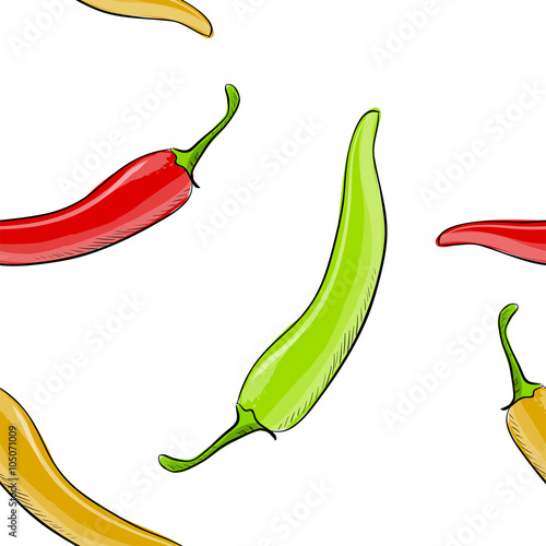 Hand drawn seamless pattern of chilli pepper .