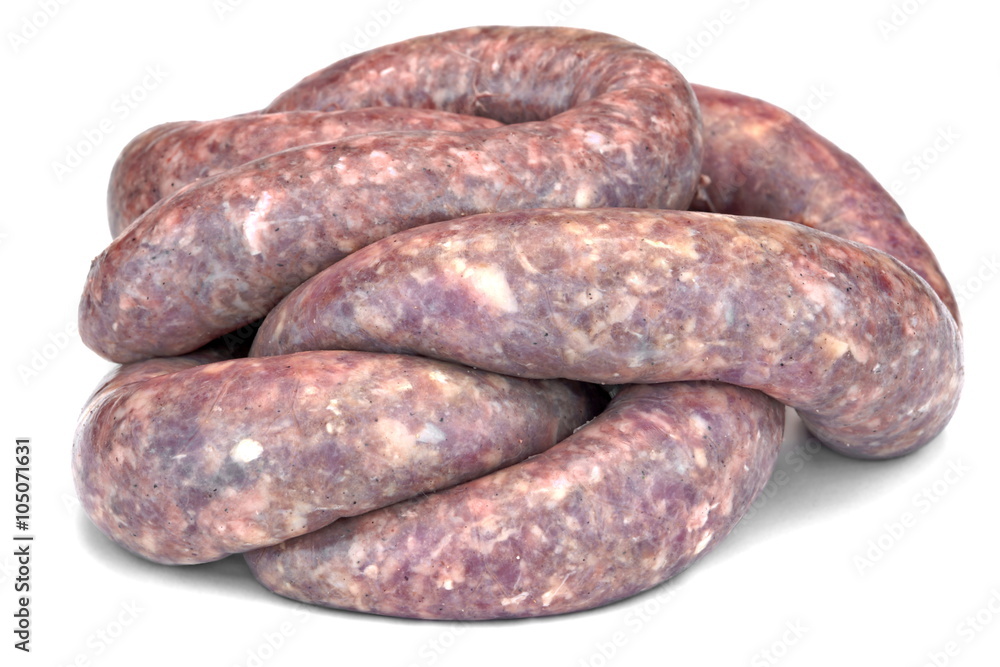Some Raw Bratwurst In Natural Casing Isolated On White Some Raw Bratwurst In Natural Casing Isolated On White