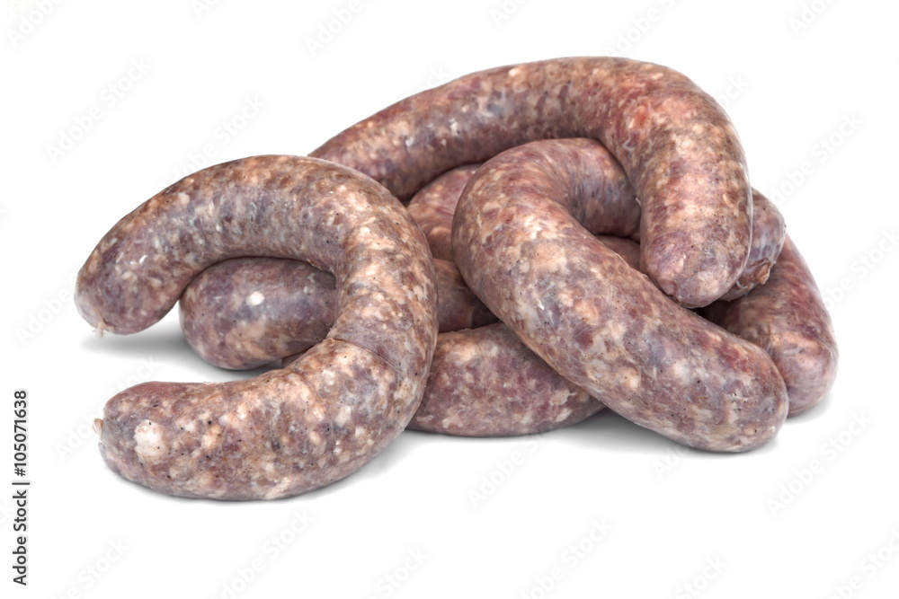 Some Raw Bratwurst In Natural Casing Isolated On White Some Raw Bratwurst In Natural Casing Isolated On White