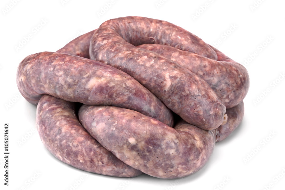 Some Raw Bratwurst In Natural Casing Isolated On White Some Raw Bratwurst In Natural Casing Isolated On White