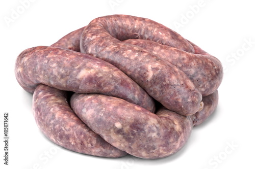 Some Raw Bratwurst In Natural Casing Isolated On White