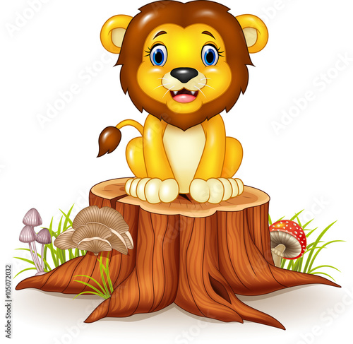 Fototapeta Naklejka Na Ścianę i Meble -  Happy cartoon lion sitting on tree stump
