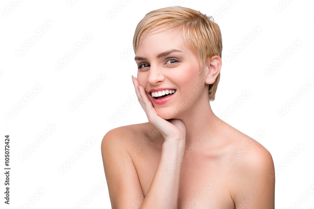 Skin care woman with perfect skin flawless pores smile white teeth short cute blond hair nude naked pure Skin care woman with perfect skin flawless pores smile white teeth short cute blond hair nude naked pure
