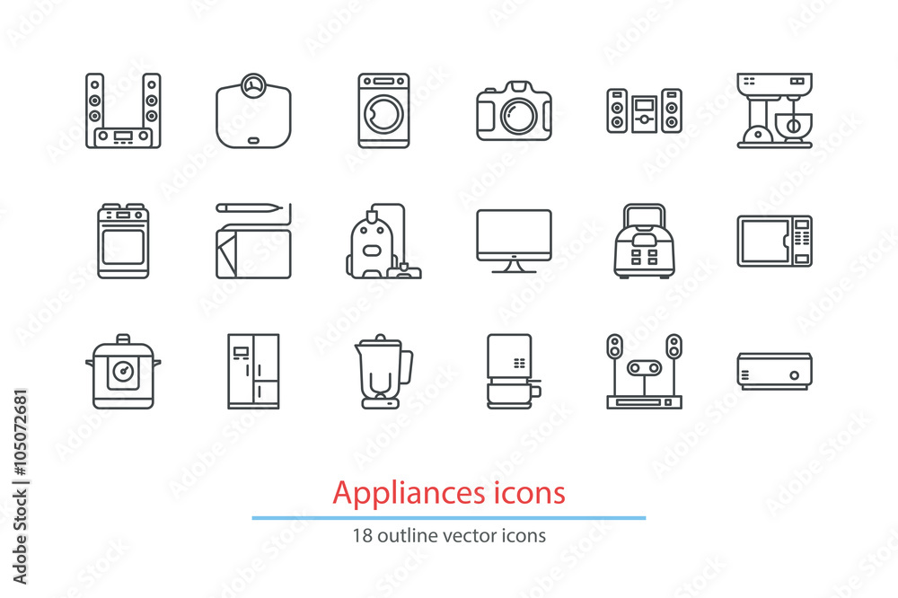Household appliances outline icons. Colorless. Line art. Household appliances outline icons. Colorless. Line art.