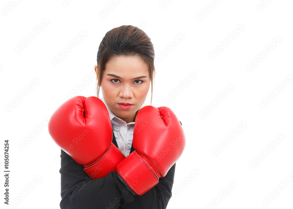 Asian business woman with boxing gloves isolated on white backgr Asian business woman with boxing gloves isolated on white backgr