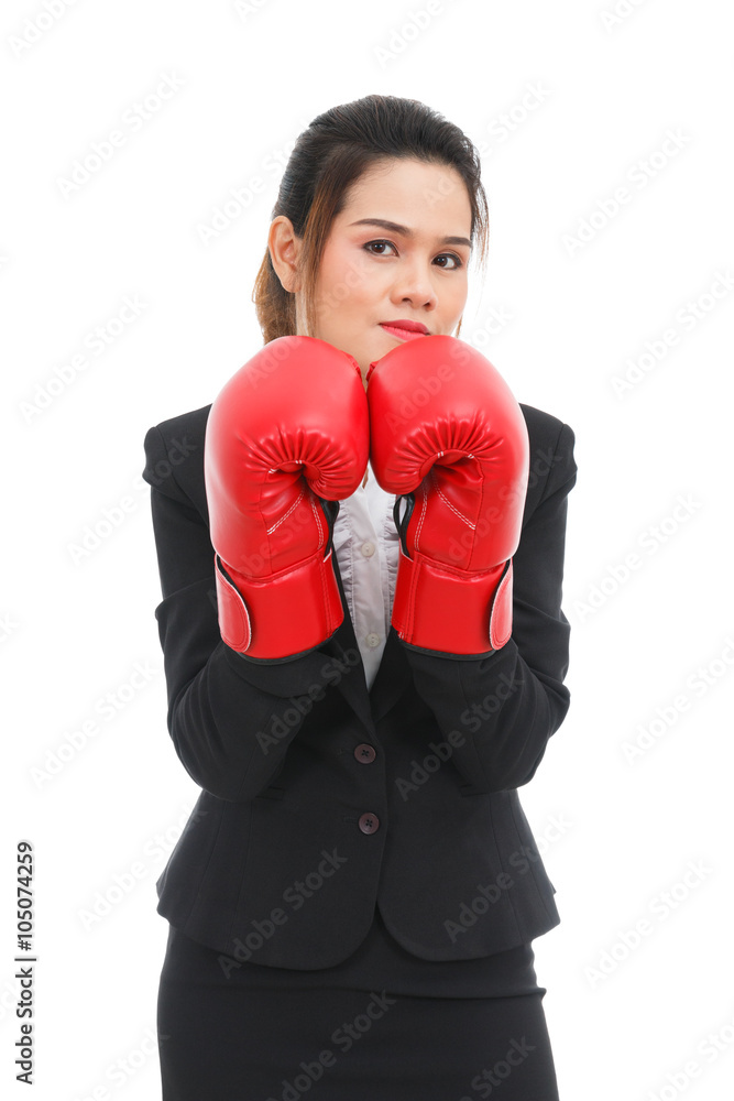 Asian business woman with boxing gloves isolated on white backgr Asian business woman with boxing gloves isolated on white backgr