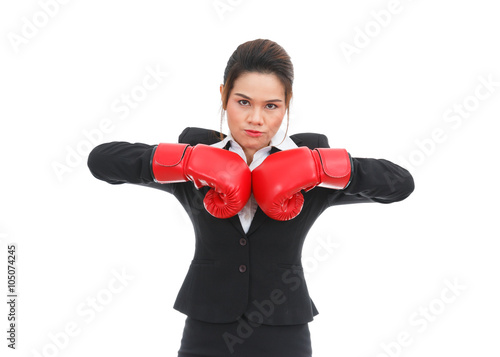 Asian business woman with boxing gloves isolated on white backgr