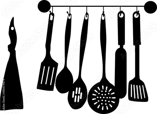 seven black kitchen utensil on white