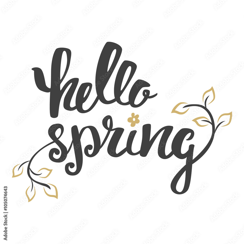 Hello Spring. Hand lettering, calligraphy inscription with spring leaves. Hello Spring. Hand lettering, calligraphy inscription with spring leaves.