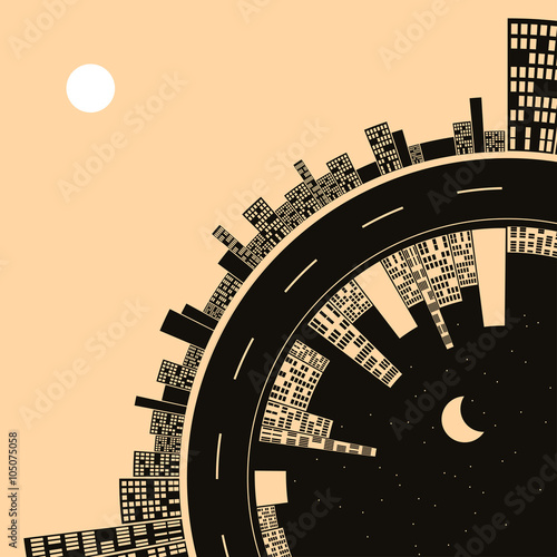 city planet cream day and black night, the cycle of night and day on a stylized downtown curve, with a road separating the day from the night city skylines.