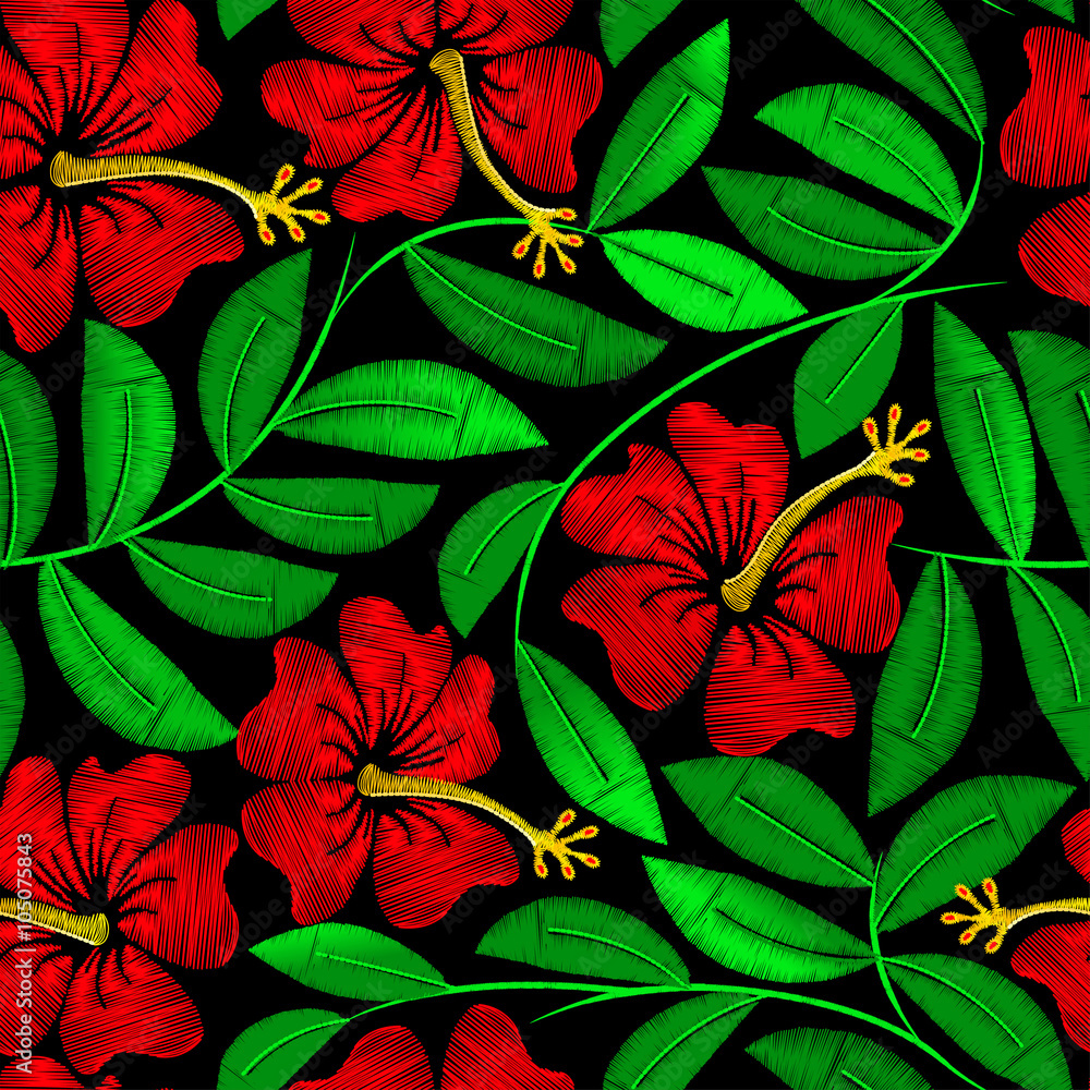 Tropical embroidery hibiscus plant in a seamless pattern Tropical embroidery hibiscus plant in a seamless pattern