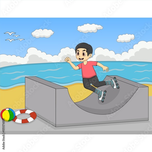 Children playing roller skate at the beach cartoon