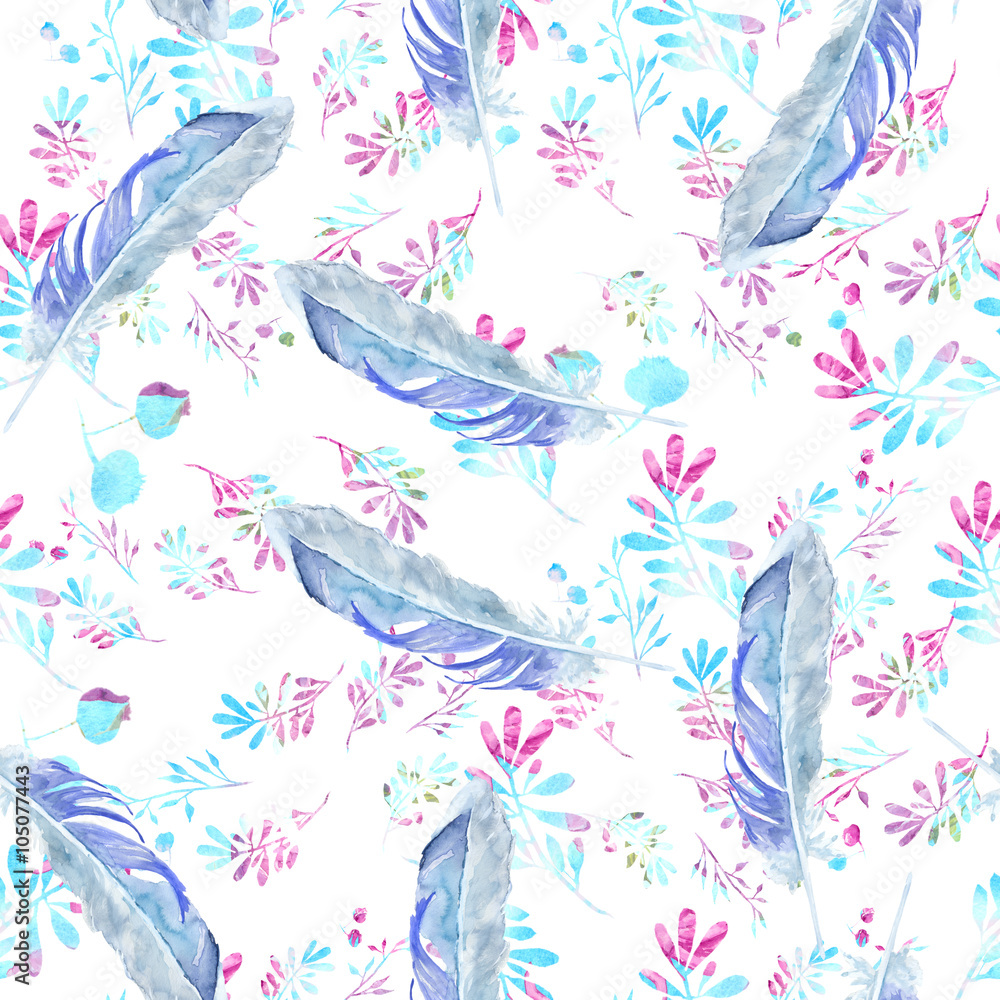 pattern feathers / Watercolor painting. Can be used for postcards, prints and design  