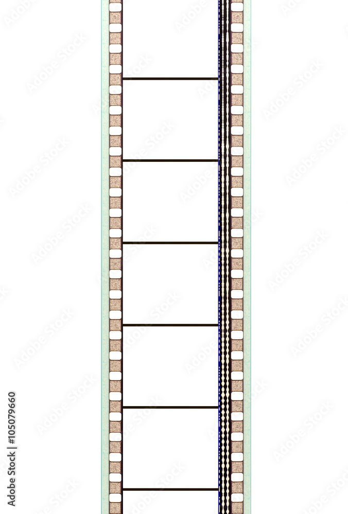 35mm movie film strip with soundtrack and blank frame isolated on white background photo