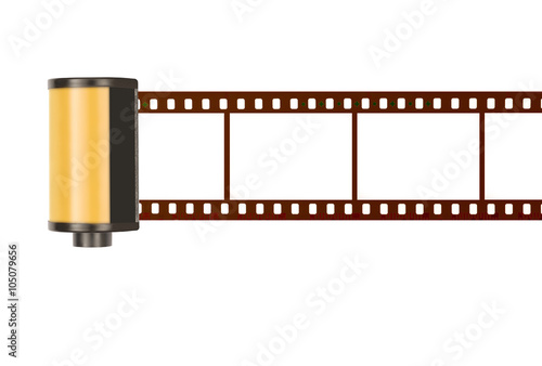 35mm kodak style film cannister cassette with film roll extended showing blank white frames strip photo isolated on white background
