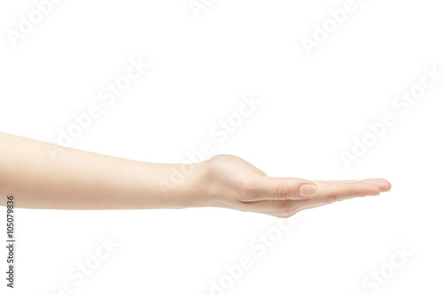 empty young female hand to hold something straight, isolated on white background