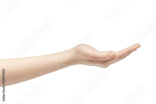 empty young female hand to hold something, isolated on white background
