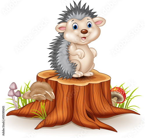Adorable baby hedgehog sitting on tree stump