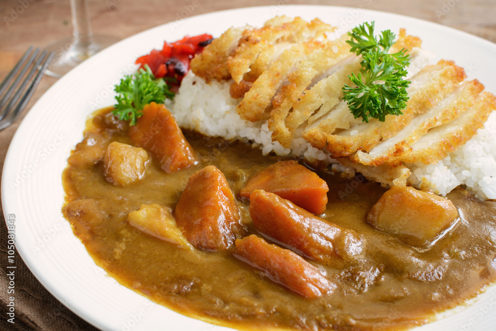 Tonkatsu, Japanese deep-fried pork cutlet on top with curry Tonkatsu, Japanese deep-fried pork cutlet on top with curry