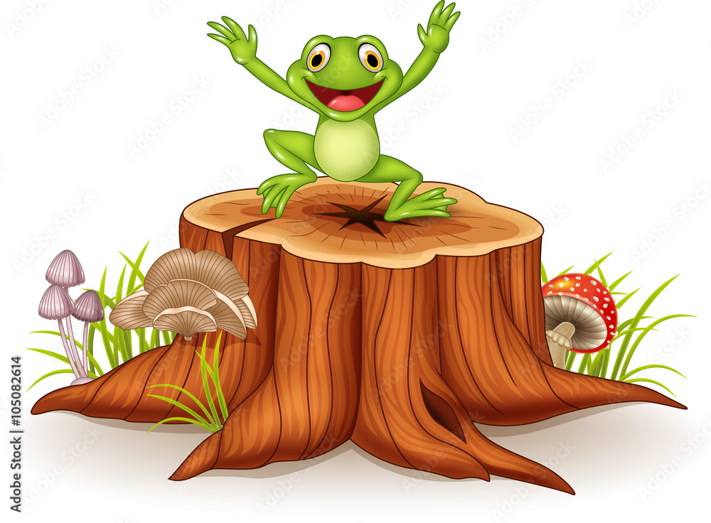 Fototapeta premium Cartoon happy frog jumping on tree stump