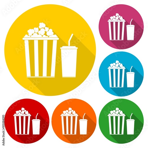 Popcorn and soda with straw icons set with long shadow