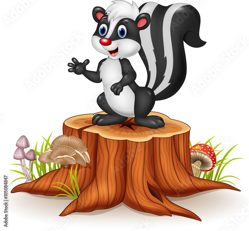 Cartoon skunk posing on tree stump