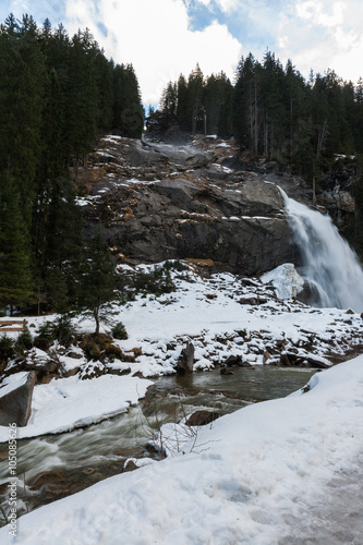 View of Krimml waterfall in the winter in the Austrian Alps