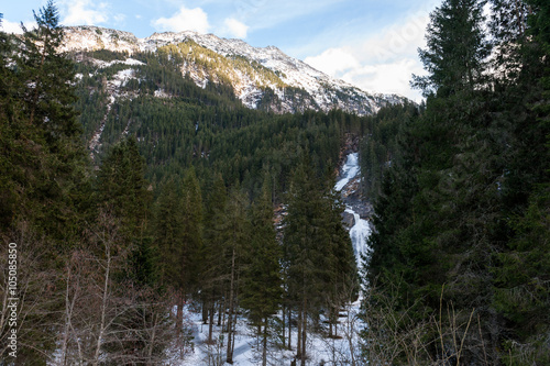 View of Krimml waterfall in the winter in the Austrian Alps