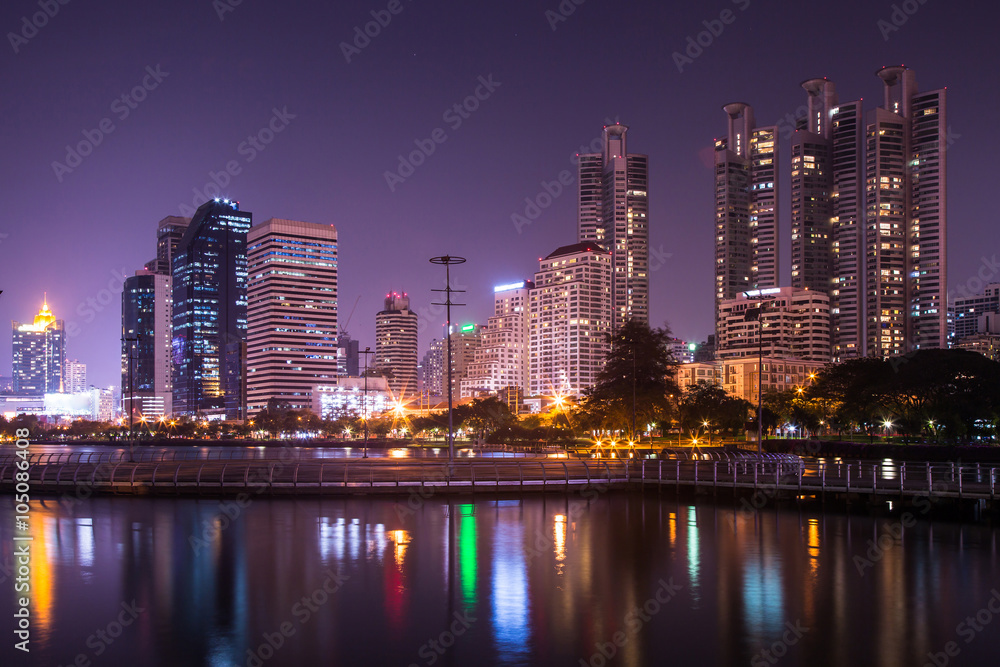 Lake view, city, urban at night.