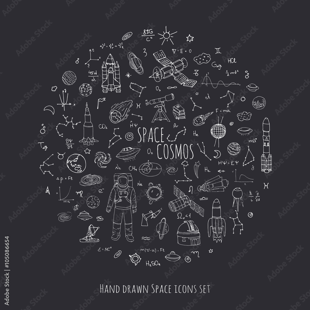Fototapeta premium Hand drawn doodle Space and Cosmos set Vector illustration Universe icons Space concept elements Rocket Space ship symbols collection Solar system Planets Galaxy Milky Way Astronaut Tech freehand icon