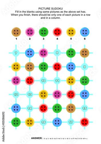 Picture sudoku puzzle 6x6 (one block) with colorful sewing buttons. Answer included.
