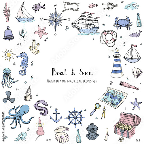 Hand drawn doodle Boat and Sea set Vector illustration boat icons sea life concept elements Ship symbols collection Marine life Nautical design Underwater life Sea animals Sea map Spyglass Magnifier photo