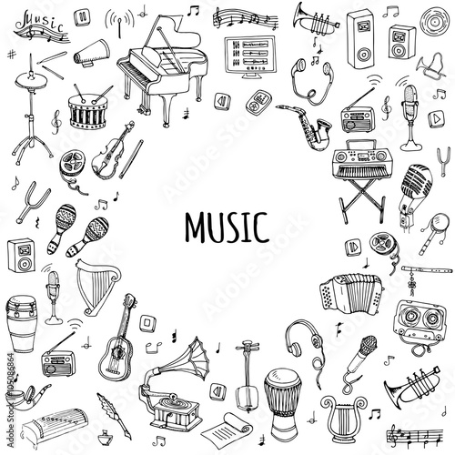 Hand drawn doodle Music set Vector illustration musical instrument and symbols icons collections Cartoon sound concept elements Music notes Piano Guitar Violin Trumpet Drum Gramophone Saxophone Harp