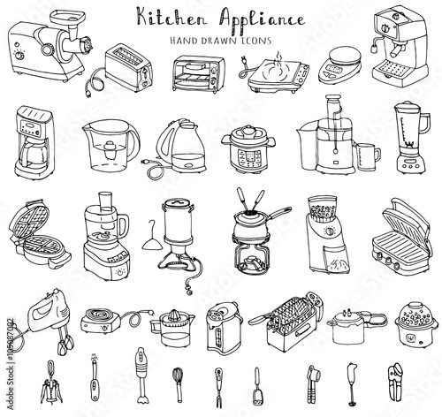Hand drawn doodle Kitchen appliance vector illustration  Cartoon icons set Various household equipment and facilities Small kitchen appliances Consumer electronics Kitchenware Freehand vector sketch