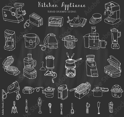 Hand drawn doodle Kitchen appliance vector illustration  Cartoon icons set Various household equipment and facilities Small kitchen appliances Consumer electronics Kitchenware Freehand vector sketch
