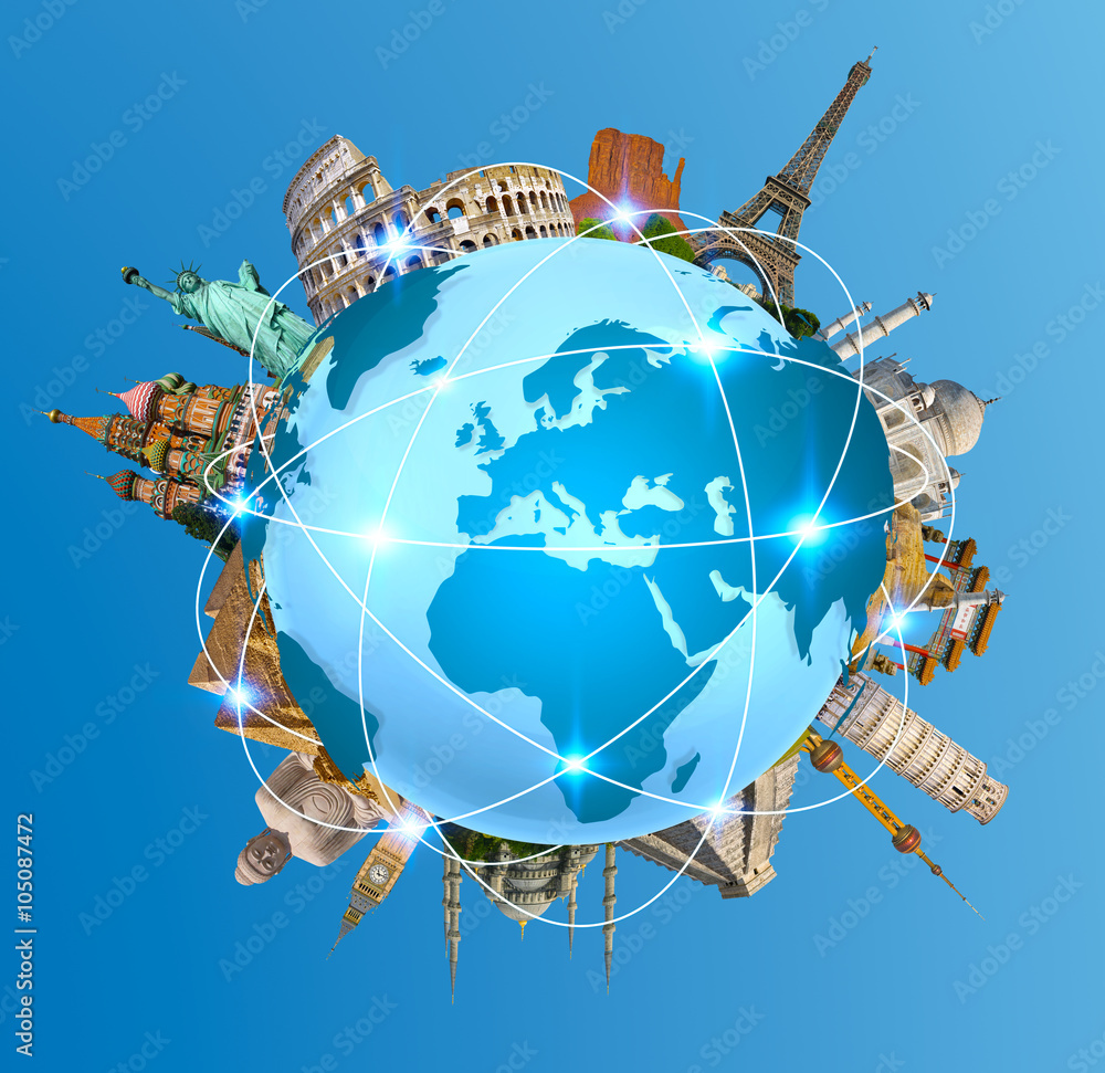 Naklejka premium Famous monuments of the world surrounding planet Earth