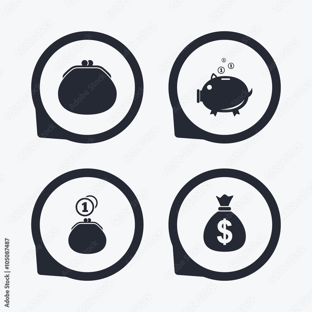 Money bag icons. Wallet and piggy bank symbols. Money bag icons. Wallet and piggy bank symbols.