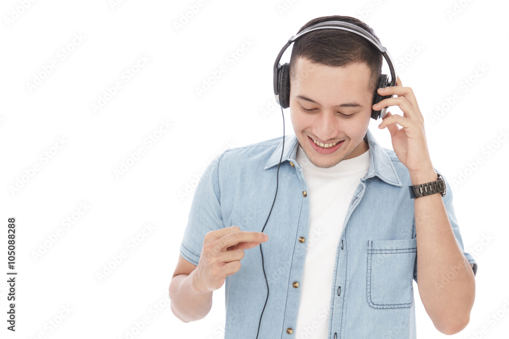 casual young man enjoy music wearing headphones casual young man enjoy music wearing headphones