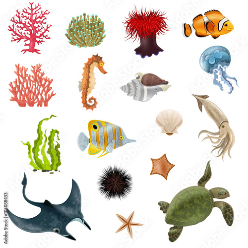 Sea Life Cartoon Icons Set