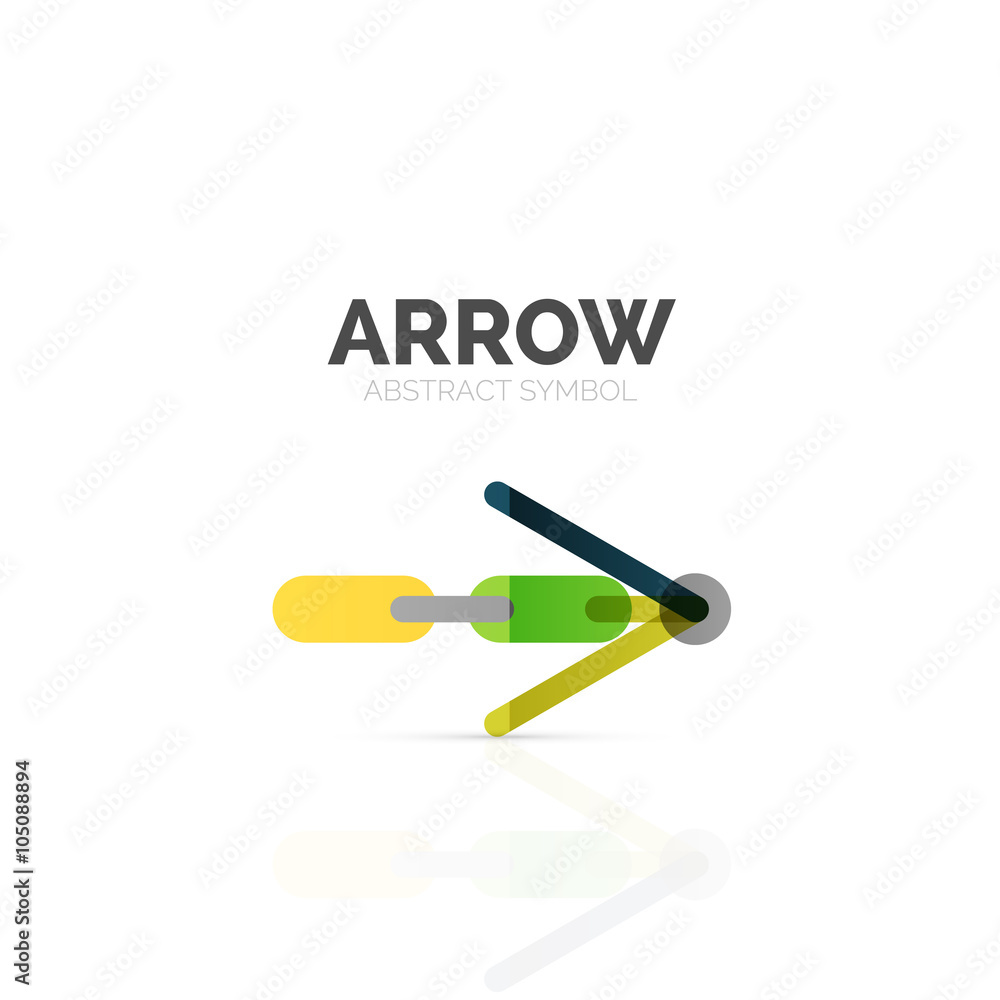 Linear arrow abstract logo, connected multicolored segments of lines in directional pointer figure Linear arrow abstract logo, connected multicolored segments of lines in directional pointer figure