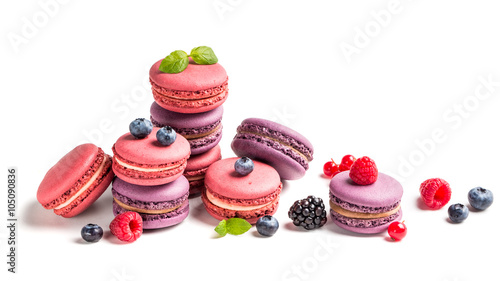 Tasty macaroons with fruits on white background photo