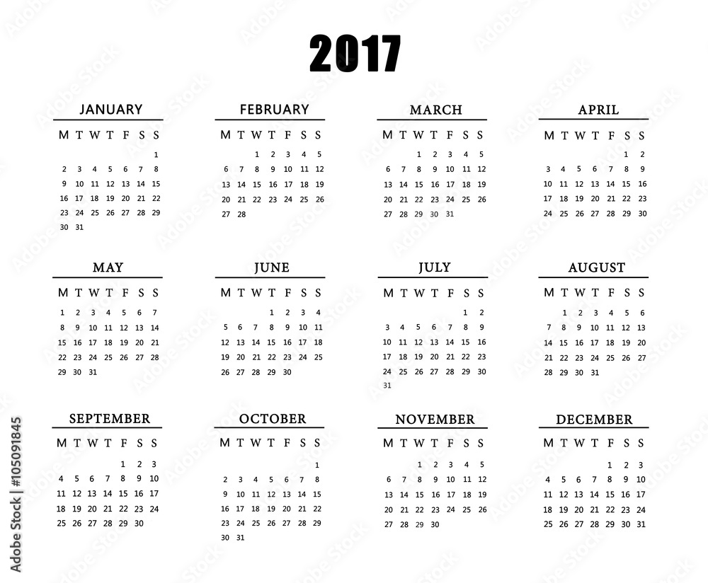 Calendar for 2017 on white background. - obrazy, fototapety, plakaty 