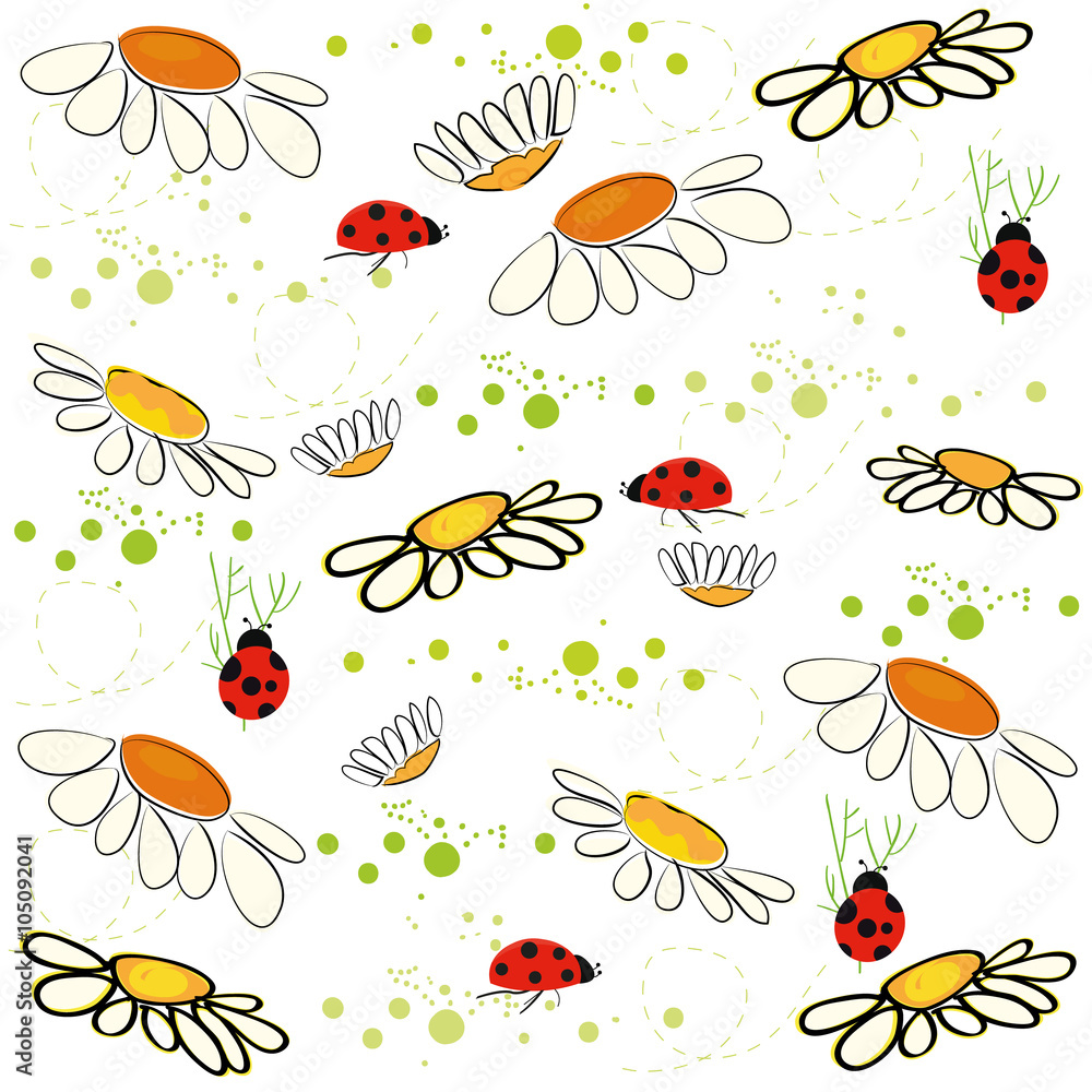 Daisy field and lady bird spring pattern vector background Daisy field and lady bird spring pattern vector background