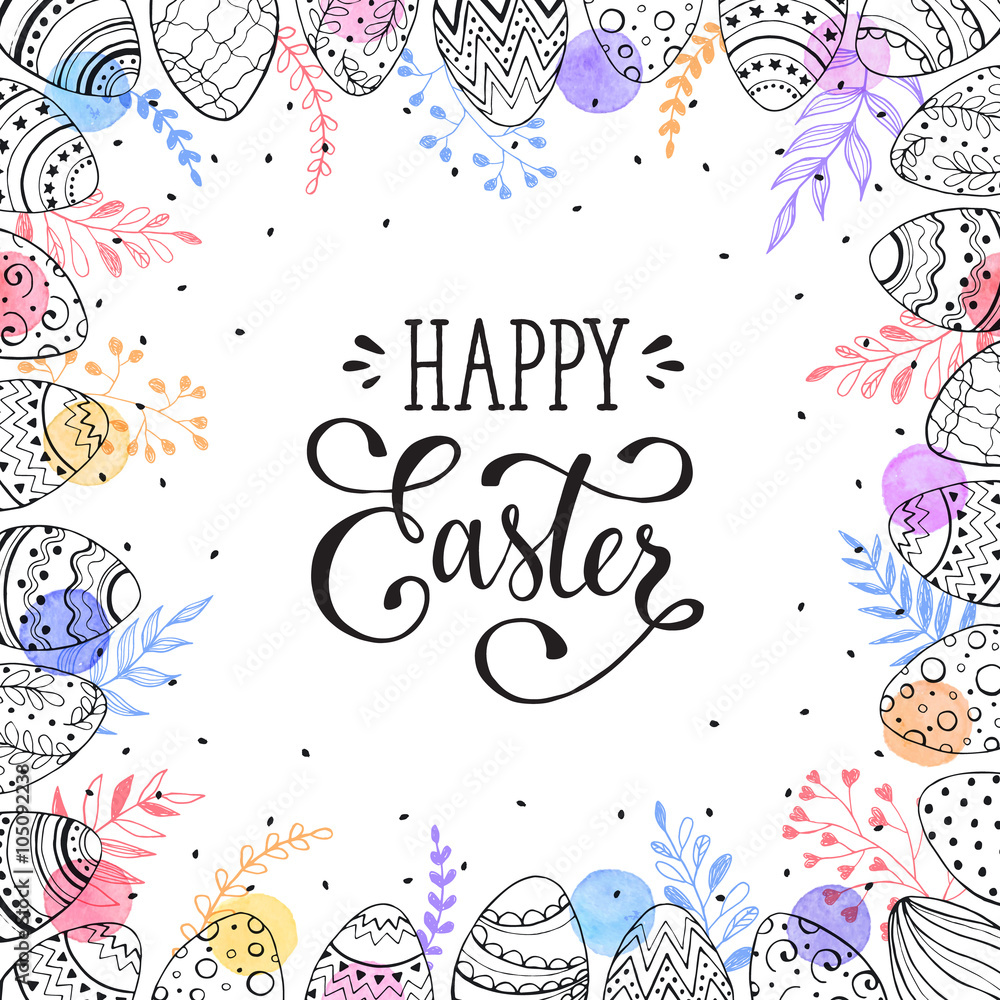 Easter frame with easter eggs hand drawn black on white background. Decorative frame from eggs. Easter eggs with colorful leaves and watercolor dots. Easter frame with easter eggs hand drawn black on white background. Decorative frame from eggs. Easter eggs with colorful leaves and watercolor dots.