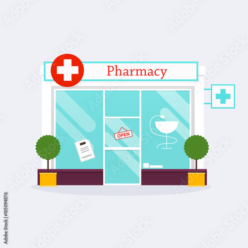 Pharmacy drugstore shop facade. Flat style vector illustration.