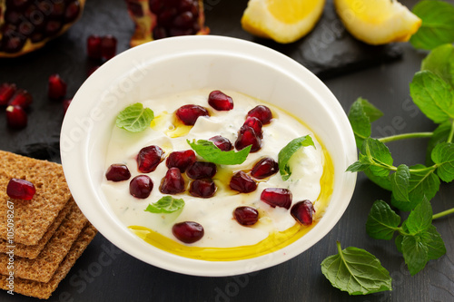 The sauce (dip) of yogurt with pomegranate and mint