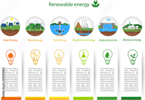 Power plant icons vector set. Renewable alternative solar, wind, hydro, biofuel, geothermal, tidal  energy. Useful for layout, banner, brochure template, infographics and presentations. 