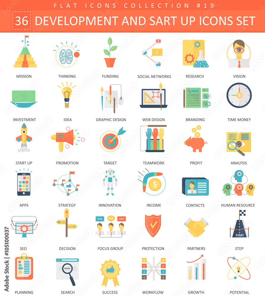 Fototapeta premium Vector startup and development color flat icon set. Elegant style design.