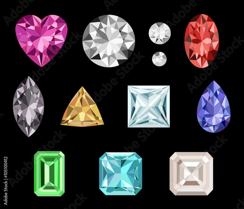 Set of colorful gemstones. No gradient used.