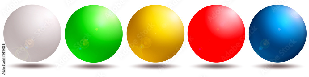 5 farbige Kugeln, blau, rot, gelb, grün, weiß